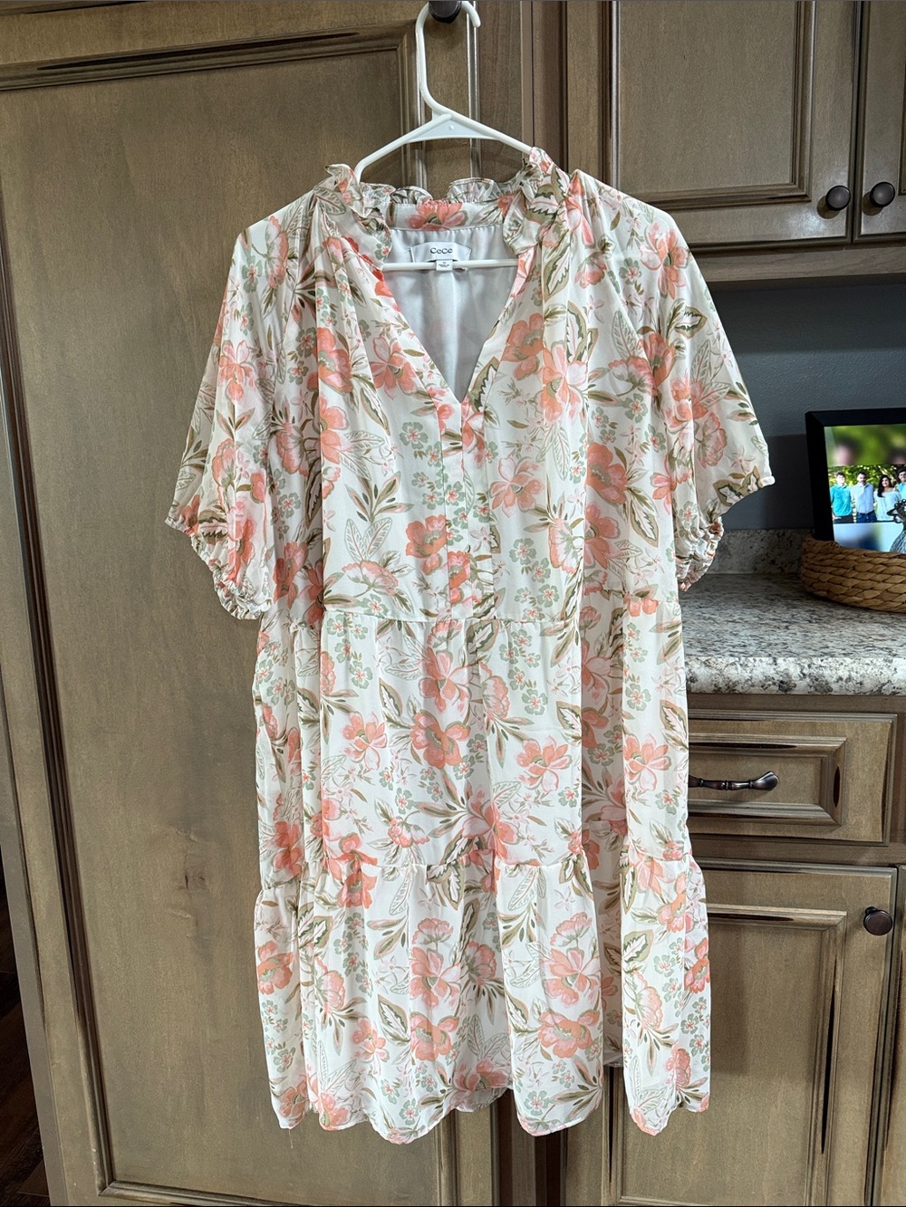 CeCe Cream and Peach Floral V-Neck Tiered Midi Dress